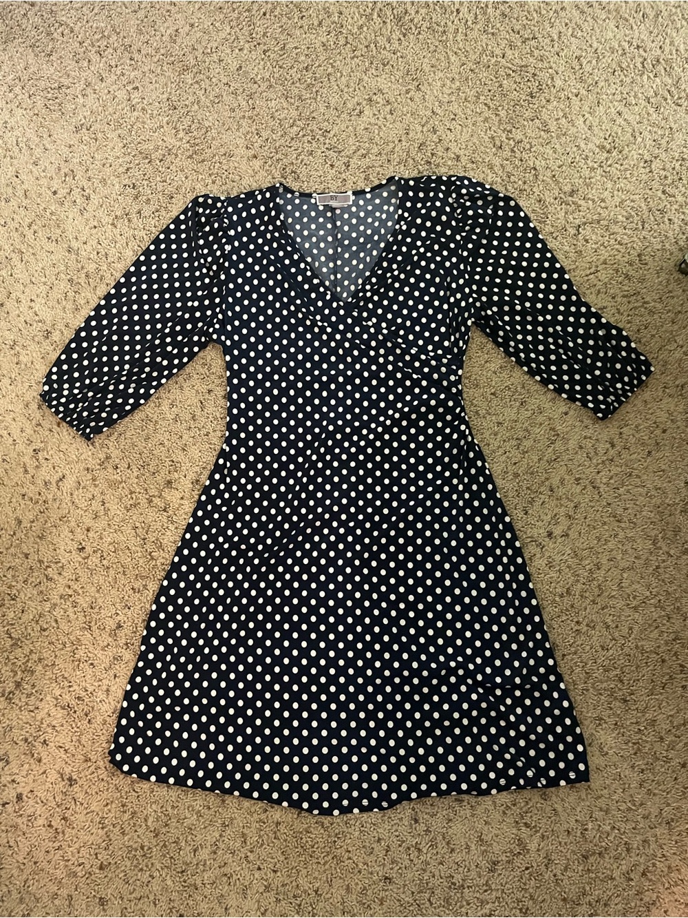Polka Dot V-Neck Midi Dress in Navy BY Design